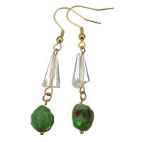 Stainless Steel Drop Earring, with Glass Beads & Lampwork, gold color plated, for woman, green, 58mm 
