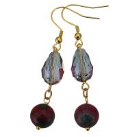 Stainless Steel Drop Earring, with Glass Beads & Dyed Jade, gold color plated, for woman, 58mm 