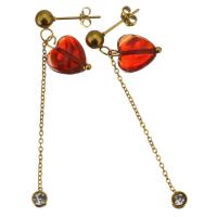 Stainless Steel Drop Earring, with Lampwork, Heart, gold color plated, for woman & with rhinestone, red, 49mm 