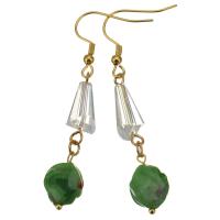 Stainless Steel Drop Earring, with Glass Beads & Lampwork, gold color plated, for woman, green, 57mm 