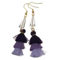 Stainless Steel Tassel Earring, with Cotton Thread & Glass Beads, gold color plated, for woman, purple, 82mm 