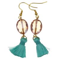 Stainless Steel Tassel Earring, with Cotton Thread & Glass Beads, gold color plated, for woman, green, 62mm 