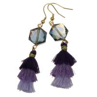 Stainless Steel Tassel Earring, with Cotton Thread & Glass Beads, gold color plated, for woman, purple, 78mm 