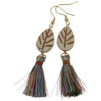 Stainless Steel Tassel Earring, with Cotton Thread & Synthetic Turquoise, Leaf, gold color plated, for woman, 84mm 