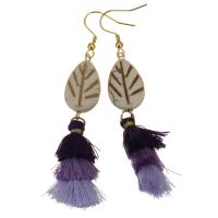 Stainless Steel Tassel Earring, with Cotton Thread & Synthetic Turquoise, Leaf, gold color plated, for woman, purple, 82mm 