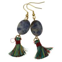 Stainless Steel Tassel Earring, with Cotton Thread & Blue Spot, gold color plated, for woman, 66mm 
