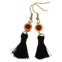 Stainless Steel Tassel Earring, with Cotton Thread, gold color plated, for woman & with rhinestone, black, 55mm 