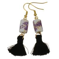 Stainless Steel Tassel Earring, with Cotton Thread & Lampwork, gold color plated, for woman, black, 55mm 