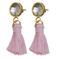 Stainless Steel Tassel Earring, with Cotton Thread, gold color plated, for woman & with rhinestone, pink 