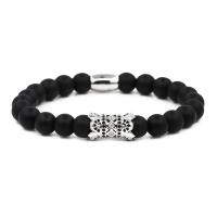 Black Stone Bracelet, with Elastic Thread & Brass & Stainless Steel, plated, Unisex & micro pave cubic zirconia, 8mm Approx 7.1-7.8 Inch 