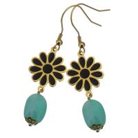 Stainless Steel Drop Earring, with Glass Pearl, Flower, gold color plated, for woman & enamel, green, 62mm 