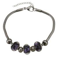 Stainless Steel  European Bracelets, with Lampwork, with 1lnch extender chain, snake chain & for woman, purple 3mm Approx 8.5 Inch 