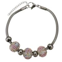 Stainless Steel  European Bracelets, with Lampwork, with 1lnch extender chain, Flower, snake chain & for woman, pink 3mm Approx 8.5 Inch 