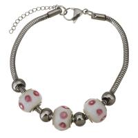 Stainless Steel  European Bracelets, with Lampwork, with 1lnch extender chain, snake chain & for woman, pink 3mm Approx 8.5 Inch 