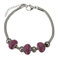 Stainless Steel  European Bracelets, with Lampwork, with 1lnch extender chain, snake chain & for woman, purple 3mm Approx 8.5 Inch 