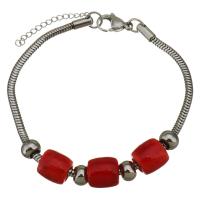Stainless Steel  European Bracelets, with Lampwork, with 1lnch extender chain, snake chain & for woman, red 3mm Approx 8.5 Inch 