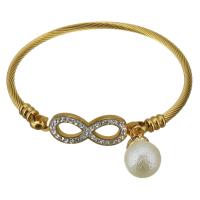 Stainless Steel Bangle, with Resin Pearl & rhinestone brass spacer & Rhinestone Clay Pave, Infinity, gold color plated, for woman, 12mm, 3mm Inner Approx 