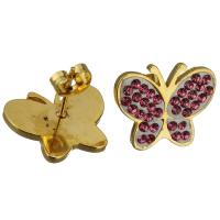 Stainless Steel Rhinestone Stud Earring, with Rhinestone Clay Pave, Butterfly, gold color plated, for woman, purple 