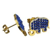 Stainless Steel Rhinestone Stud Earring, with Rhinestone Clay Pave, Elephant, gold color plated, for woman, blue 