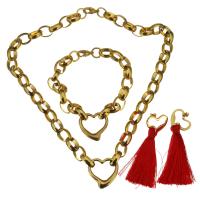 Fashion Stainless Steel Jewelry Sets, bracelet & earring & necklace, with Cotton Thread, Heart, gold color plated, oval chain & for woman, red 11mm 11mm Approx 9 Inch, Approx 16 Inch 