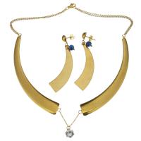 Rhinestone stainless steel Jewelry Set, earring & necklace, with Lampwork, gold color plated, oval chain & for woman & with rhinestone, blue 1.2mm, 68mm Approx 17 Inch 
