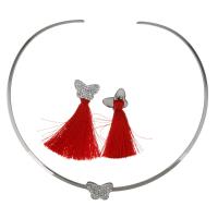 Rhinestone stainless steel Jewelry Set, collar & earring, with Cotton Thread & Rhinestone Clay Pave, Butterfly, for woman, red 3mm Inner Approx 135mm 