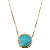 Stainless Steel Jewelry Necklace, with Synthetic Turquoise, with 2lnch extender chain, Flat Round, gold color plated, oval chain & for woman 1mm Approx 18 Inch 