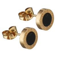 Stainless Steel Stud Earring, with Black Shell, Flat Round, gold color plated, for woman 