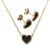Fashion Stainless Steel Jewelry Sets, Stud Earring & necklace, with Black Shell, with 2lnch extender chain, Heart, gold color plated, oval chain & for woman 1mm Approx 18 Inch 