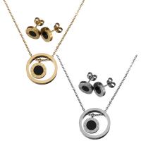 Fashion Stainless Steel Jewelry Sets, Stud Earring & necklace, with Black Shell, Flat Round, plated, oval chain & for woman 1mm Approx 18 Inch 