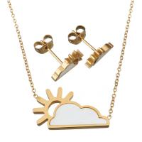Fashion Stainless Steel Jewelry Sets, Stud Earring & necklace, with White Shell, with 2lnch extender chain, Cloud, gold color plated, oval chain & for woman 1mm Approx 18 Inch 