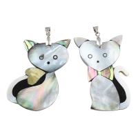 Abalone Shell Pendants, Abalone Shell Paper, with Black Shell & Resin & Brass, Cat, platinum color plated Approx 