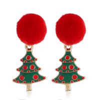 Fluffy Pom Pom Earrings, Zinc Alloy, with Plush, Christmas Tree, gold color plated, for woman & enamel 
