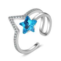 cristal anillo de dedo de latón, metal, con Cristal, Estrella, chapado en color de platina, Estilo coreano & ajustable & para mujer, azul, 8mm, tamaño:14, Vendido por UD
