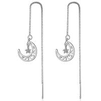 Brass Thread Through Earrings, Moon and Star, silver color plated, for woman & with cubic zirconia 