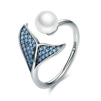 Brass Open Finger Ring, with Shell Pearl, Mermaid tail, silver color plated, micro pave cubic zirconia & for woman US Ring 