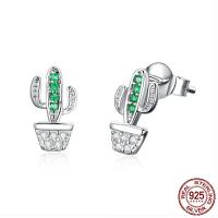 Sterling Silver Stud Earring, Argent sterling 925, Opuntia Stricta, Plaqué de platine, pavé de micro zircon & pour femme Vendu par paire