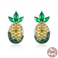 Sterling Silver Stud Earring, 925 Sterling Silver, Pineapple, platinum plated, micro pave cubic zirconia & for woman 