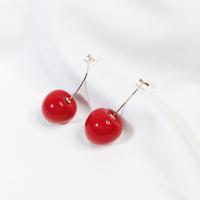 Sterling Silver Stud Earring, Brass, with Resin, Cherry, plated, Korean style & for woman 