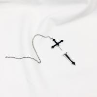 laiton Dessin animé Split boucle d'oreille, croix, Placage de couleur argentée, détachable & pour femme & émail, noir Vendu par paire