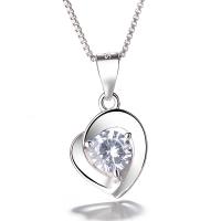 Sterling Silver Heart Pendants, Brass, silver color plated, for woman & with cubic zirconia 