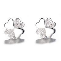 Sterling Silver Stud Earring, Brass, Four Leaf Clover, silver color plated, micro pave cubic zirconia & for woman 