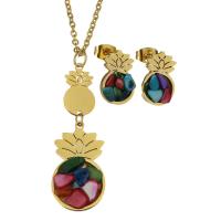 Fashion Stainless Steel Jewelry Sets, Stud Earring & necklace, with Gemstone, Pineapple, gold color plated, oval chain & for woman 2mm Approx 20 Inch 