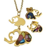 Fashion Stainless Steel Jewelry Sets, Stud Earring & necklace, with Gemstone, Elephant, gold color plated, oval chain & for woman 2mm Approx 20 Inch 