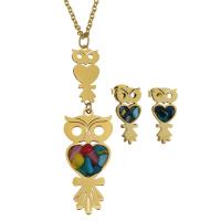 Fashion Stainless Steel Jewelry Sets, Stud Earring & necklace, with Gemstone, Owl, gold color plated, oval chain & for woman 2mm Approx 20 Inch 