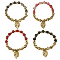 Stainless Steel Charm Bracelet, with Gemstone, Leaf, gold color plated & for woman  Approx 7 Inch 