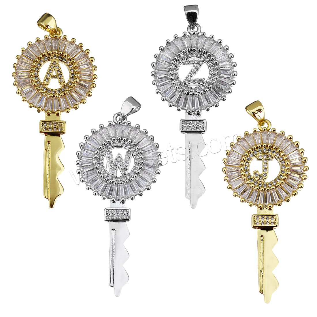 Brass Key Pendants, plated, different designs for choice & with letter pattern & micro pave cubic zirconia, more colors for choice, 21x45.5x3.5mm, Hole:Approx 4x4mm, Sold By PC