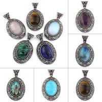 Gemstone Zinc Alloy Pendants, with Gemstone, Flat Oval, antique silver color plated & enamel Approx 
