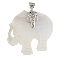 Cáscara blanca colgantes, Nácar Blanca, con metal, Elefante, chapado en color de platina, 55x56x5mm, agujero:aproximado 6x8mm, Vendido por UD
