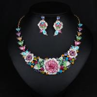 Rhinestone Zinc Alloy Jewelry Set, earring & necklace, Flower, gold color plated, oval chain & for woman & with rhinestone 60mm Approx 18.5 Inch 